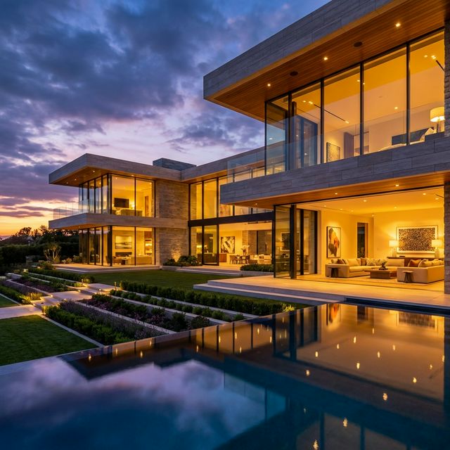 Luxury modern mansion at twilight